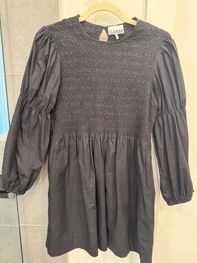 Ganni Black Smocked Puff-Sleeve Mini Dress